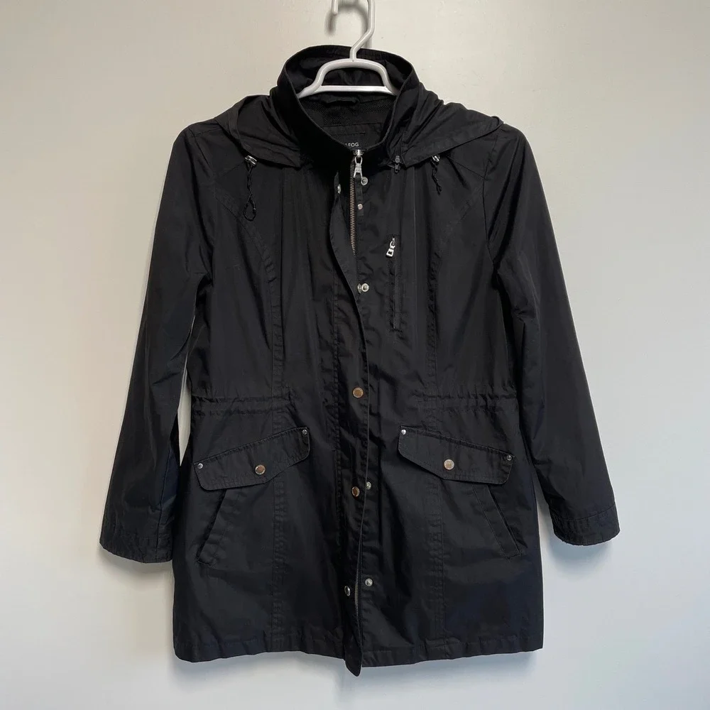 London Fog Black Hooded Trench Coat Large Utility Jacket AS-IS Repair READ - Picture 1 of 11